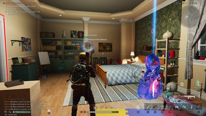 The player looks at a catchable Deviant and a rewards crate in a children’s room in Securement Silo Phi in Once Human