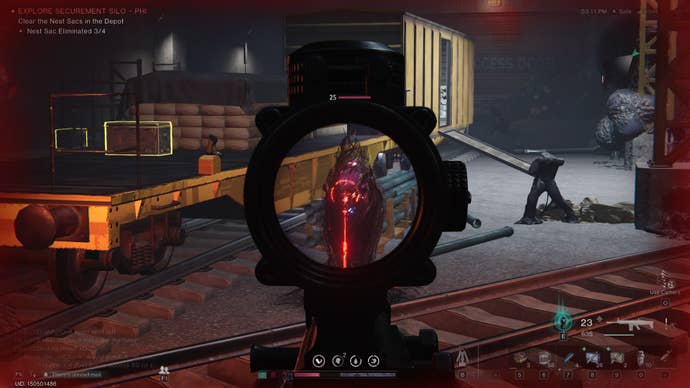 The player aims down sights at a Nest in Securement Silo Phi in Once Human