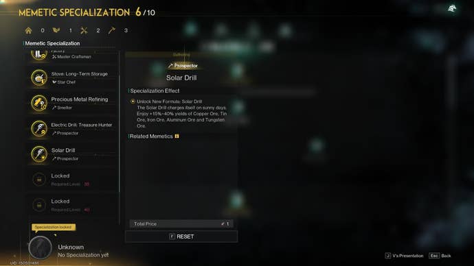 The Memetic Specialization for a Solar Drill is shown in Once Human