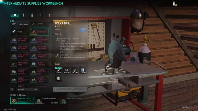 The player looks at the crafting recipe for a Solar Drill in Once Human