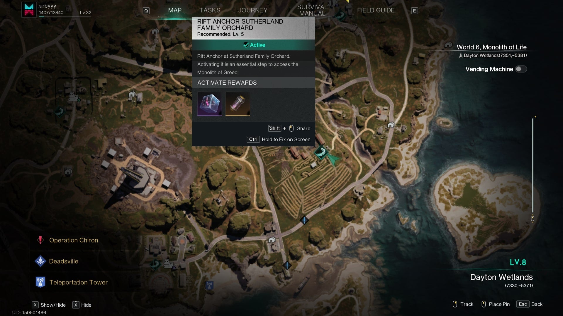 The Once Human map, with the location of the Sutherland Family Orchard marked - 3