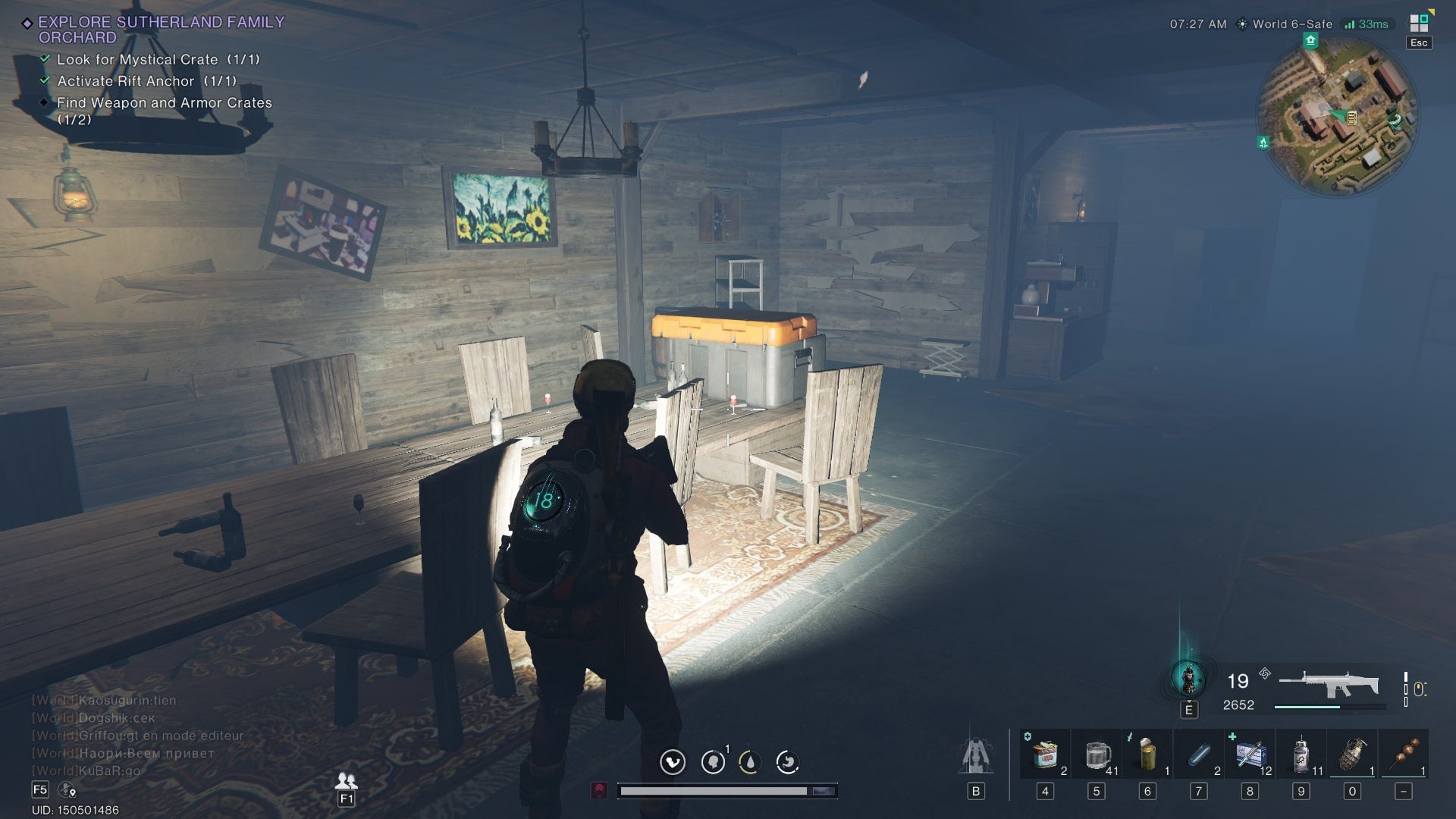 The player faces a Mystical Crate in the basement beneath Sutherland Family Orchard in Once Human