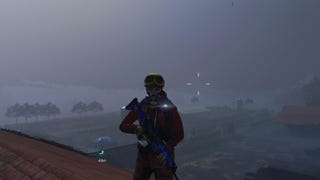 The player stands on the roof of a warehouse in Sutherland Family Orchard in Once Human