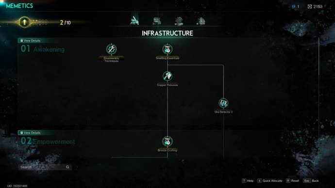 The player looks at Crafting Memetics, a type of Skill Tree, in Once Human