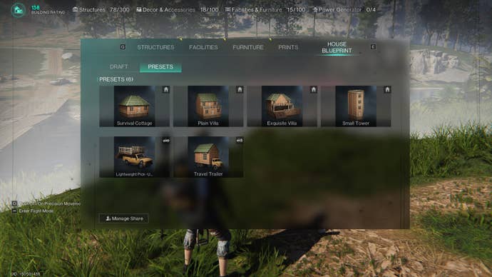 The player looks at Build Preset Blueprints in their build menu in Once Human