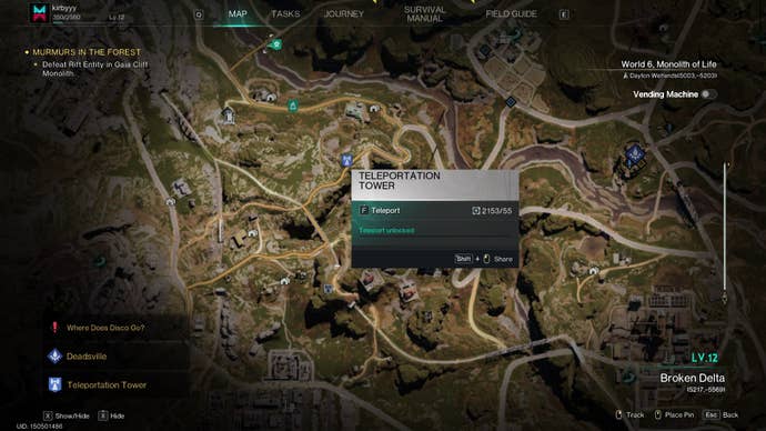 A Teleport Tower in Broken Delta is shown on the Once Human map