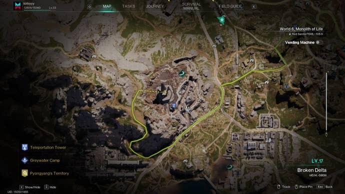 The location of the Gaia Cliff Monolith, where players can fight the Treant boss, is marked on the Once Human map