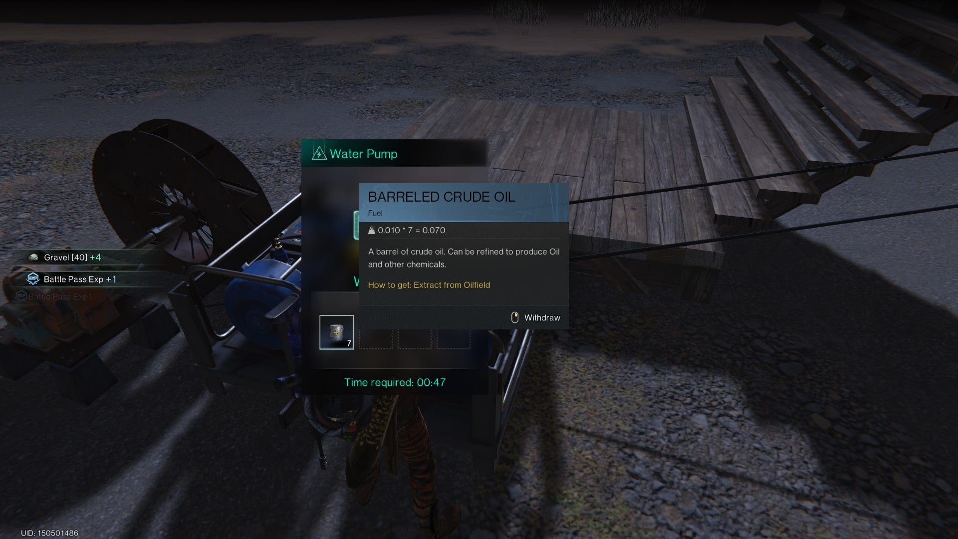 The player retrieves Barreled Crude Oil from a Water Pump in Once Human - 4