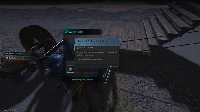 The player retrieves Barreled Crude Oil from a Water Pump in Once Human