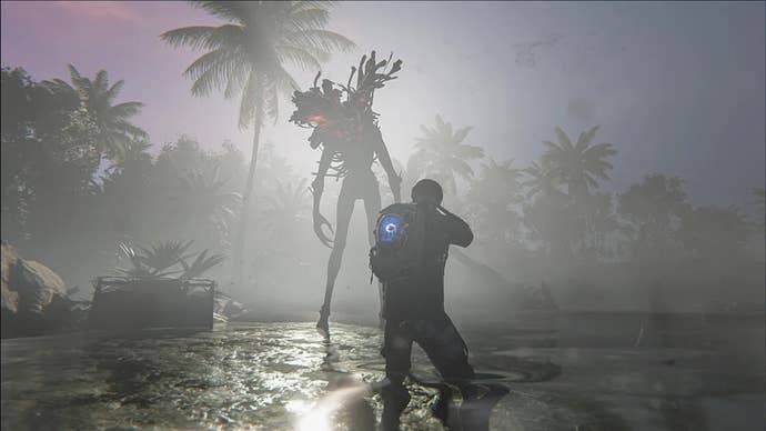 The player character aims their gun at a Siren enemy in Once Human