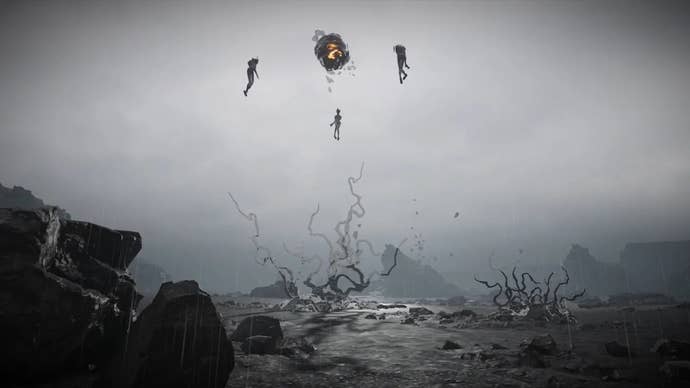 In key artwork for Once Human, three zombies are shown floating around a mysterious orb in am empty, ruined and rainy area