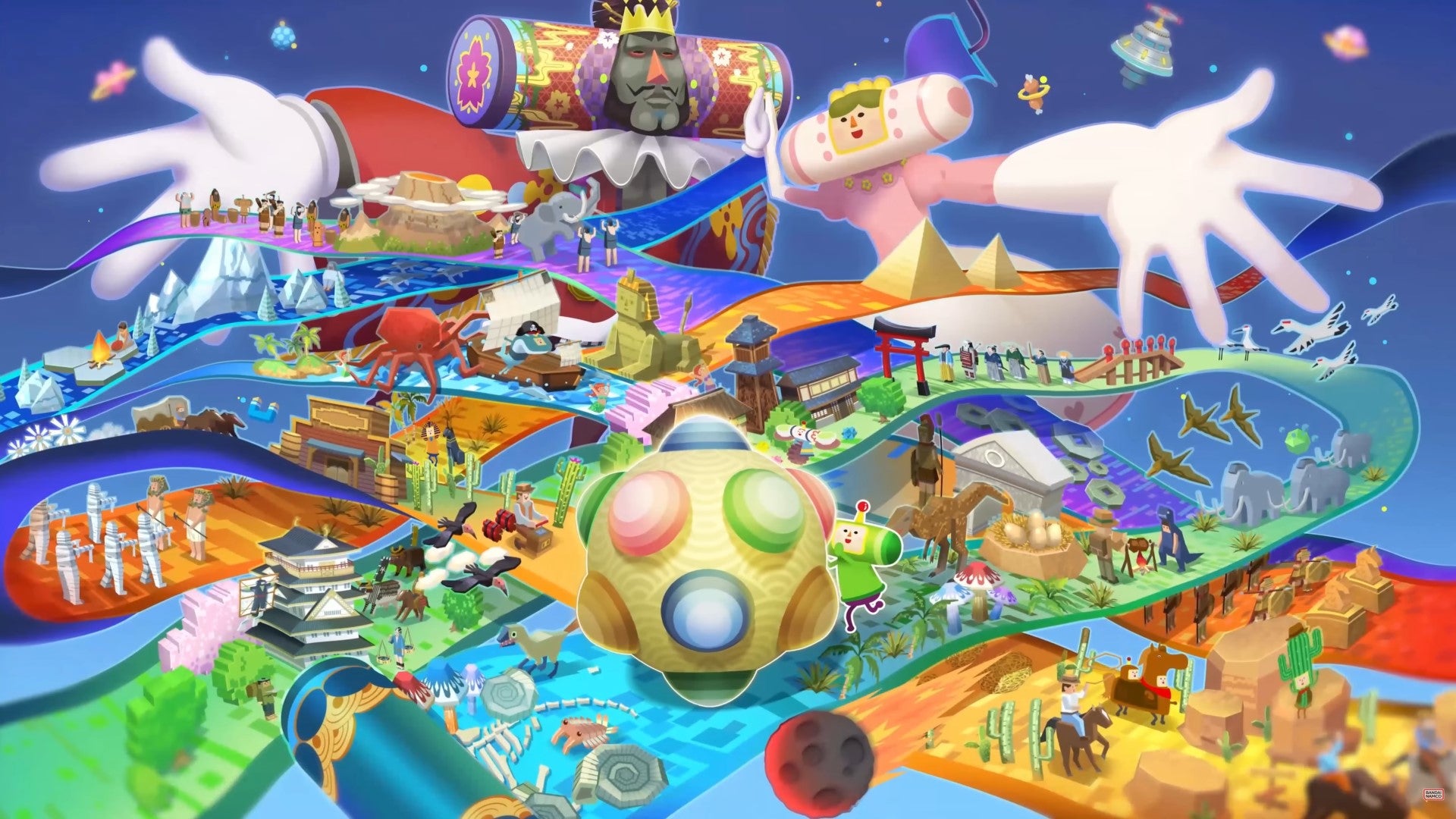 A promo image for Once Upon a Katamari, showing some of the game's different time periods. - 3