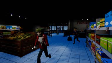 A One Minute to Close screenshot showing a low-poly shopper running through a darkened supermarket being chased by a guard.