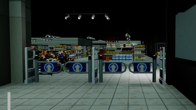 La captura de pantalla de Un minuto para cerrar muestra la entrada interior de una tienda.