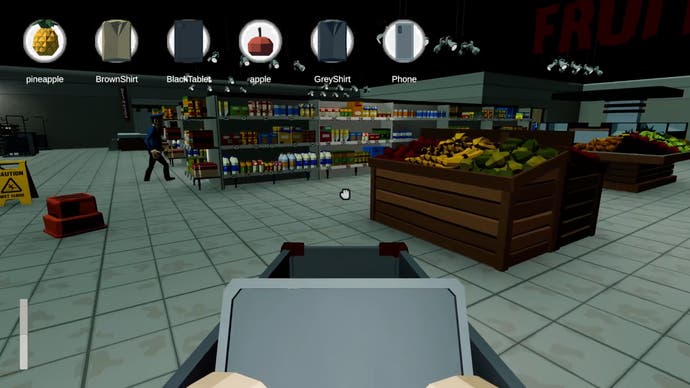 La captura de pantalla de Un minuto para cerrar te muestra sosteniendo un carrito en dirección a la sección de frutas y verduras de una tienda.