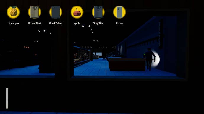 One Minute To Close screenshot, shows you hiding from a guard holding a flashlight near a fish counter.