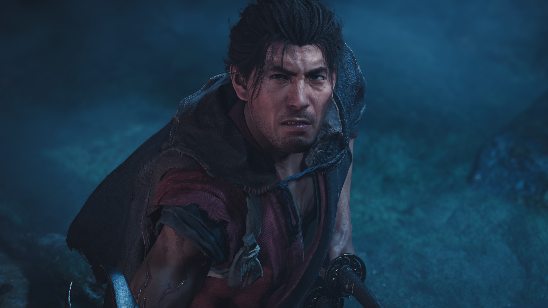 Mushashi pulls a face that combines confusion with disgust, in Onimusha: Way of the Sword.