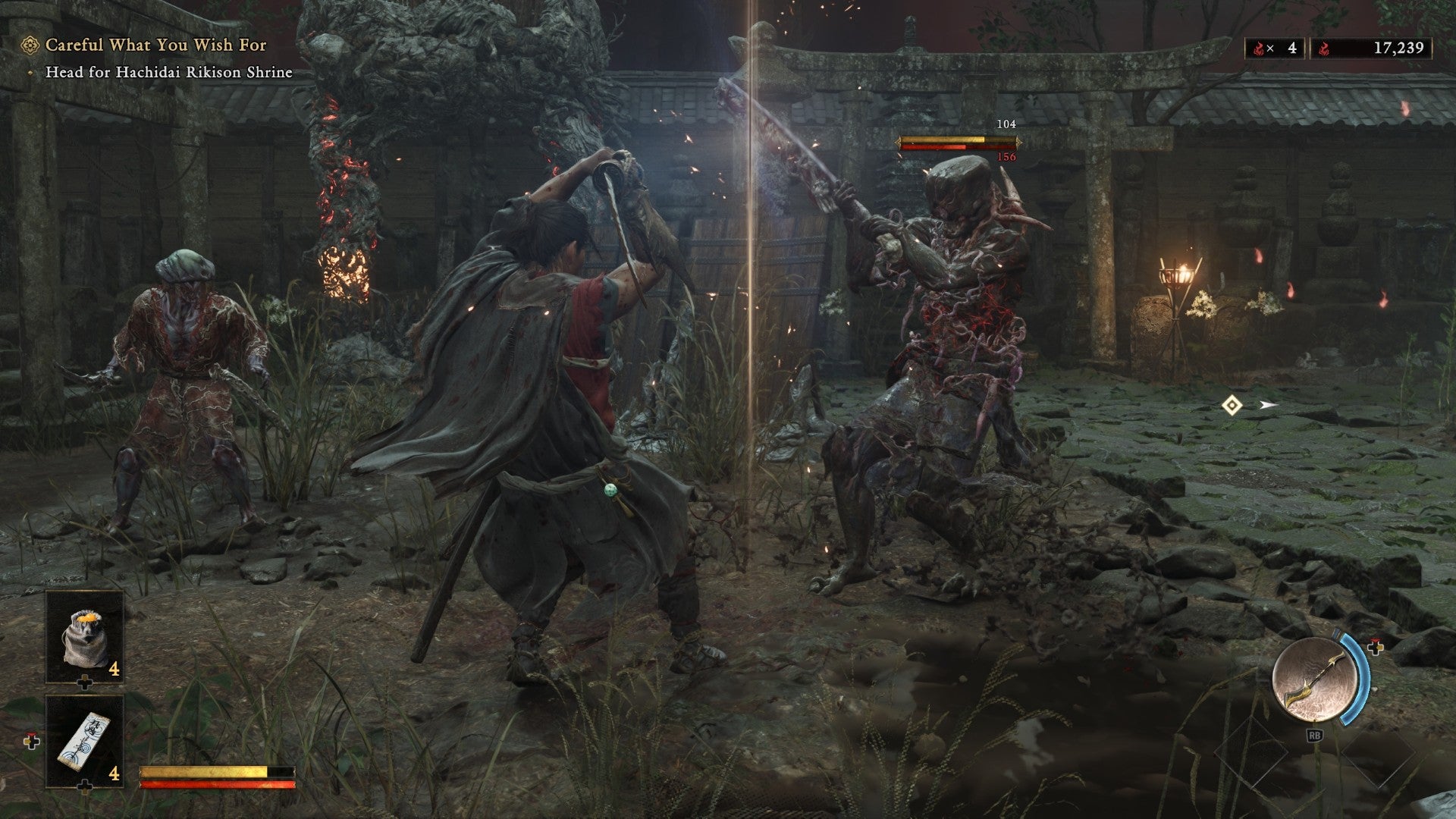 Mushashi furiously slices at an enemy genma in Onimusha: Way of the Sword.