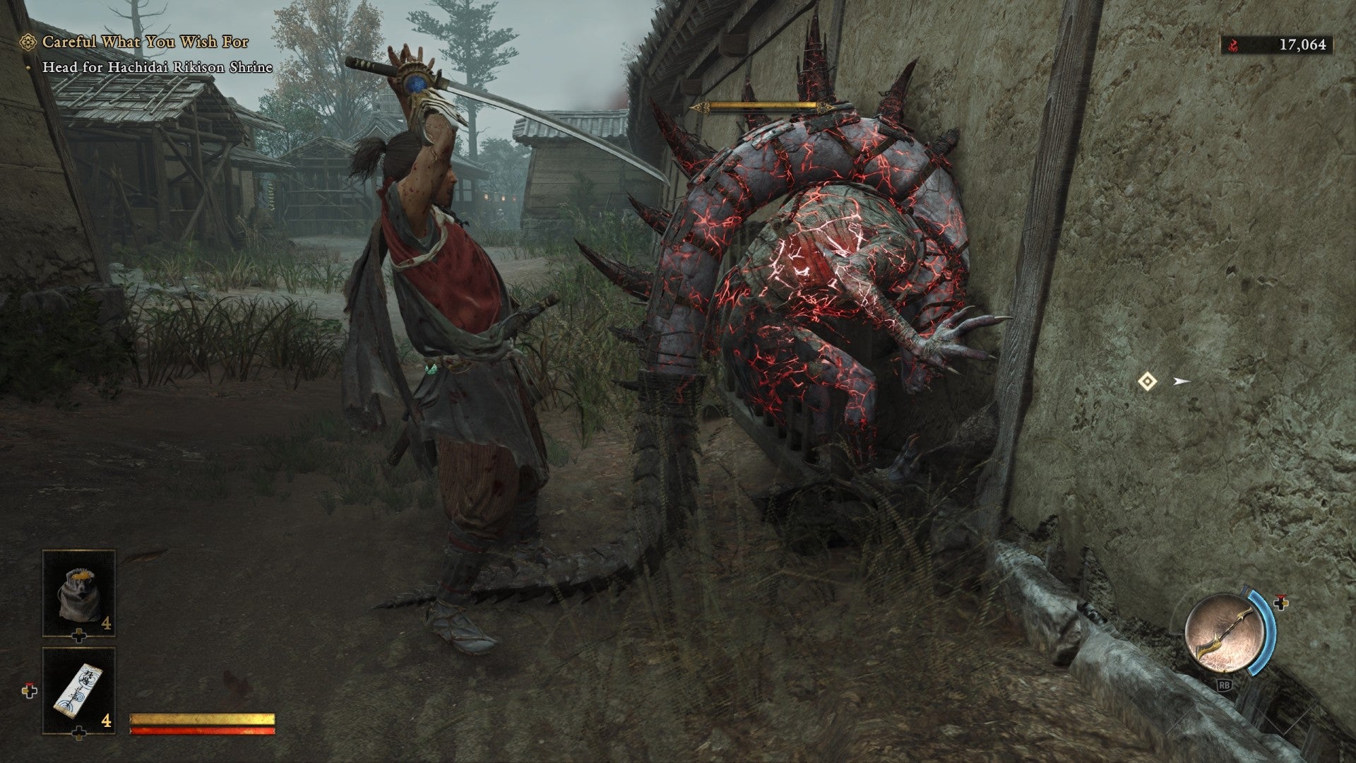In Onimusha: Way of the Sword, Musashi prepares a finishing blow against an enemy genma that's become stuck in a wall.