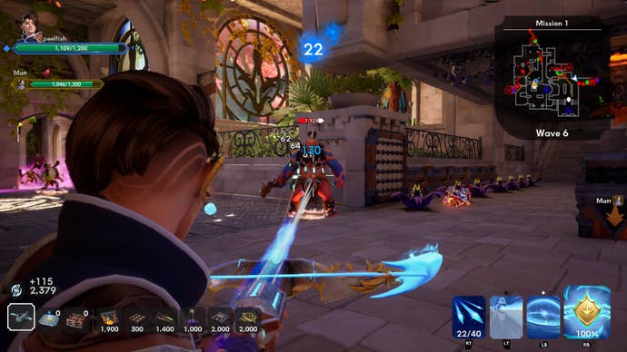 A close up over the shoulder shot of the player character shooting an orange orc with a crossbow in Orcs Must Die Deathtrap