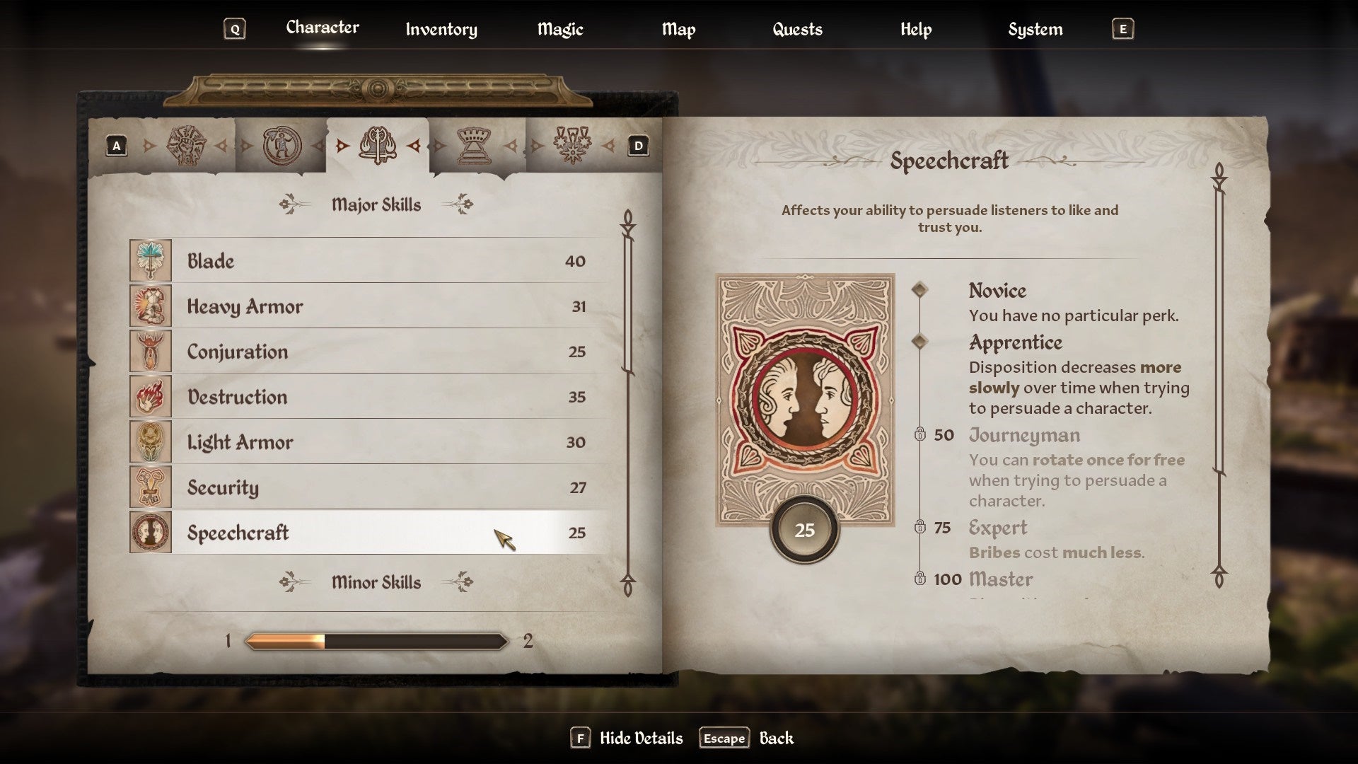 Character skills menu in Oblivion Remastered with the speechcraft skill selected.