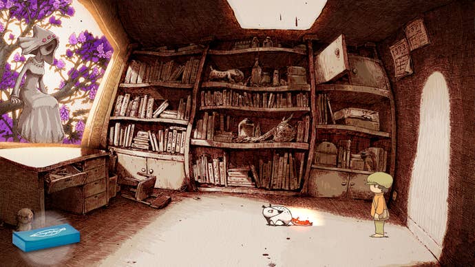 A young boy looks at a stone woman sitting in a tree with purple flowers in OU.