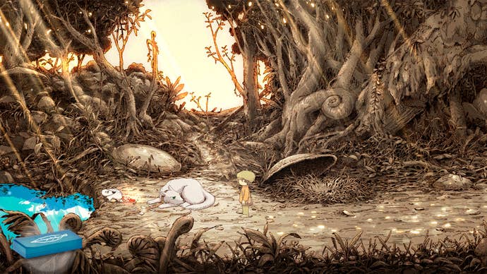 A young boy approaches a wolf in a forest setting in OU