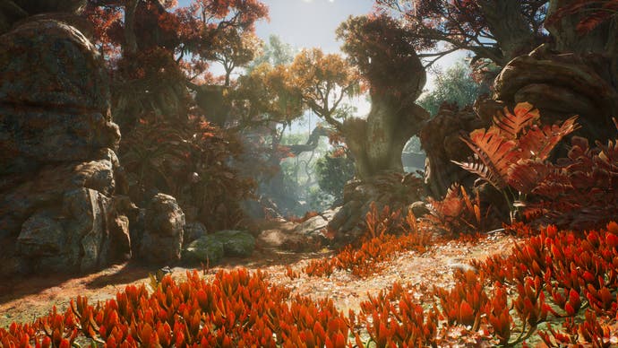 Vibrant red foliage on the planet of Adelpha in Outcast: A New Beginning