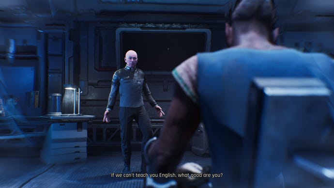 An angry bald man shouts at an alien for not speaking English in Outcast: A New Beginning