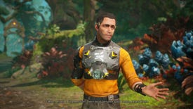 A man in a metal chest plate and orange jumper stands in an alien forest in Outcast: A New Beginning