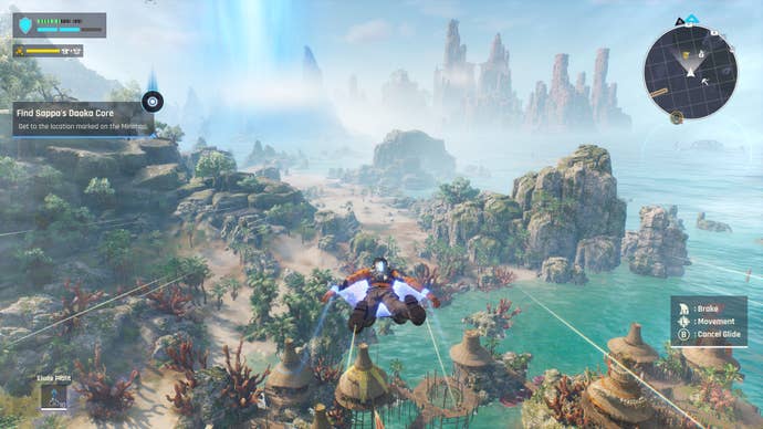 A man glides through the air over a beach and ocean in Outcast A New Beginning