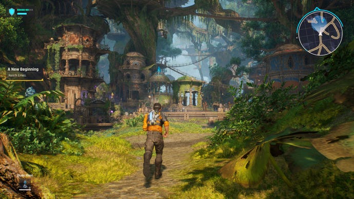 A man jogs through a jungle toward a village in Outcast A New Beginning
