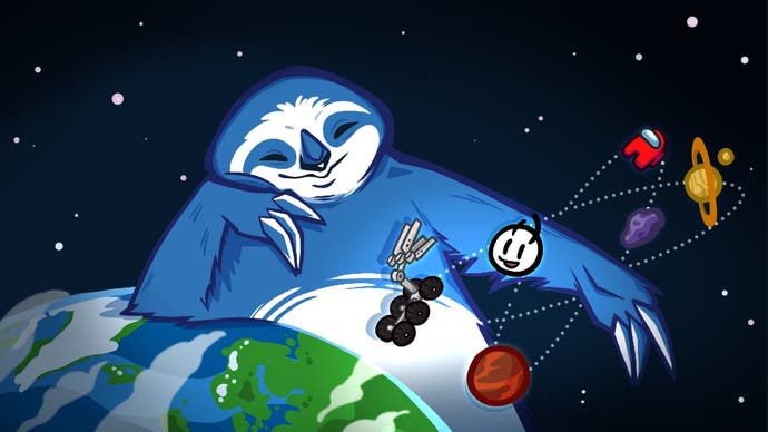 Outersloth indie fund imagery showing a large blue sloth leaning on the earth as icons swirl around their arm