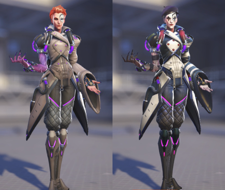 A comparison of Moira&rsquo;s common skin and mime skin from Overwatch 2