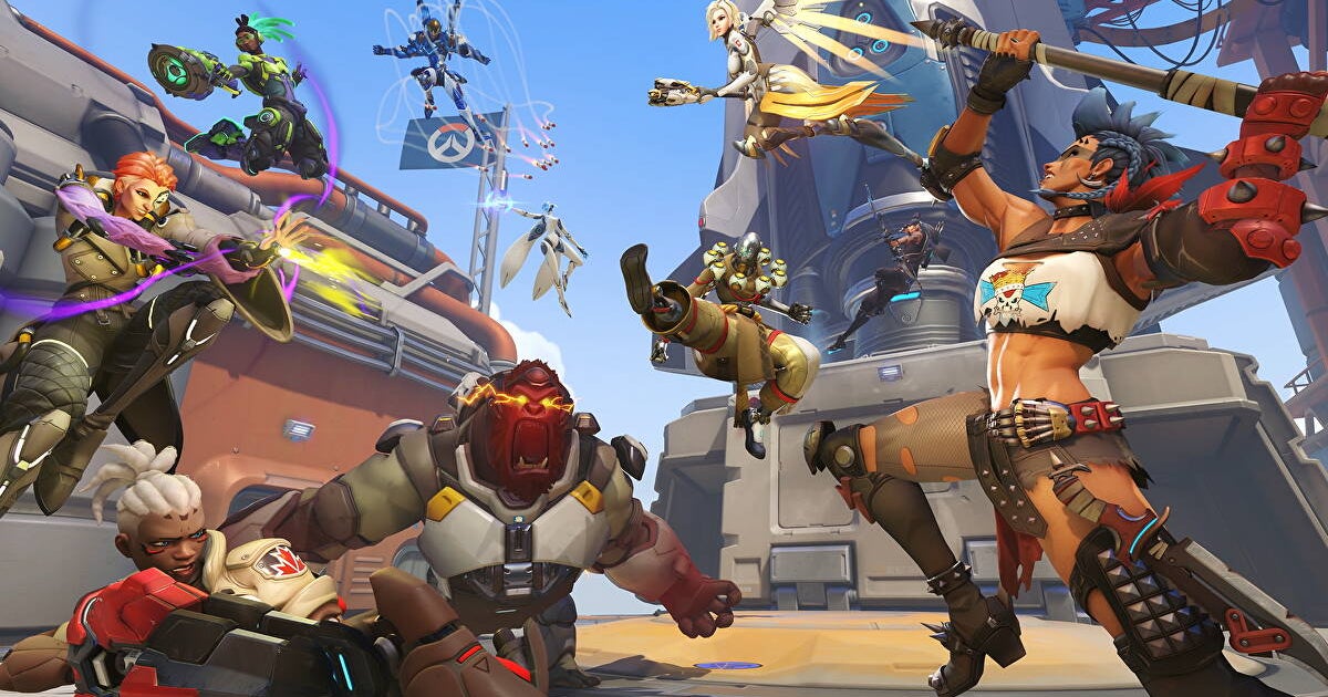 Imagem promocional de Overwatch mostrando personagens do jogo