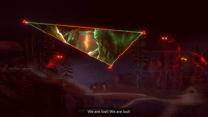 Riley and Jacob stand beneath a giant triangular portal in the sky, strange static beings stand around them in Oxenfree 2.