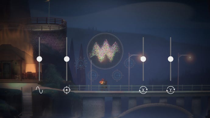 A radio signal puzzle in Oxenfree 2. The player needs to move four sliders to make a image in the middle of the screen.