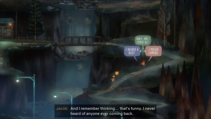 Riley and Jacob walk a winding path up a mountain in Oxenfree 2, three speech bubbles appear above Riley head letting the players pick her dialogue.