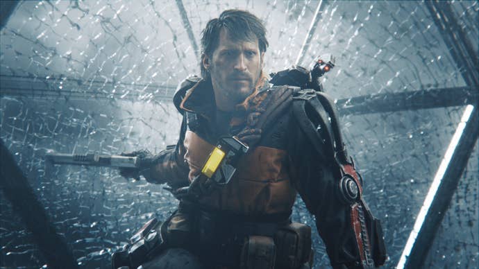 Exoborne artwork shows a human character wearing a light exosuit standing front of a smashed glass window.