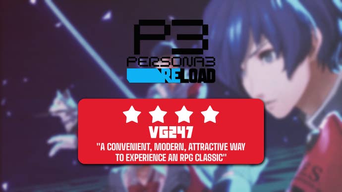 Persona 3 Reload review header. 4 stars, text reads: “A CONVENIENT, MODERN, ATTRACTIVE WAY TO EXPERIENCE A TRULY GREAT RPG CLASSIC”. Background is a battle scene from the game.