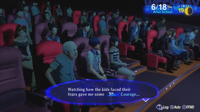 Persona 3 Reload image showing protagonist watching a movie that gives him a courage stat boost.