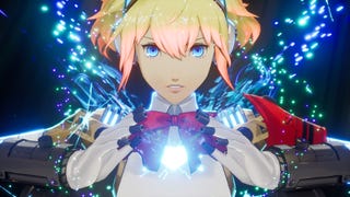 Persona 3 Reload promo screenshot of Aigis facing the camera, reading an attack.