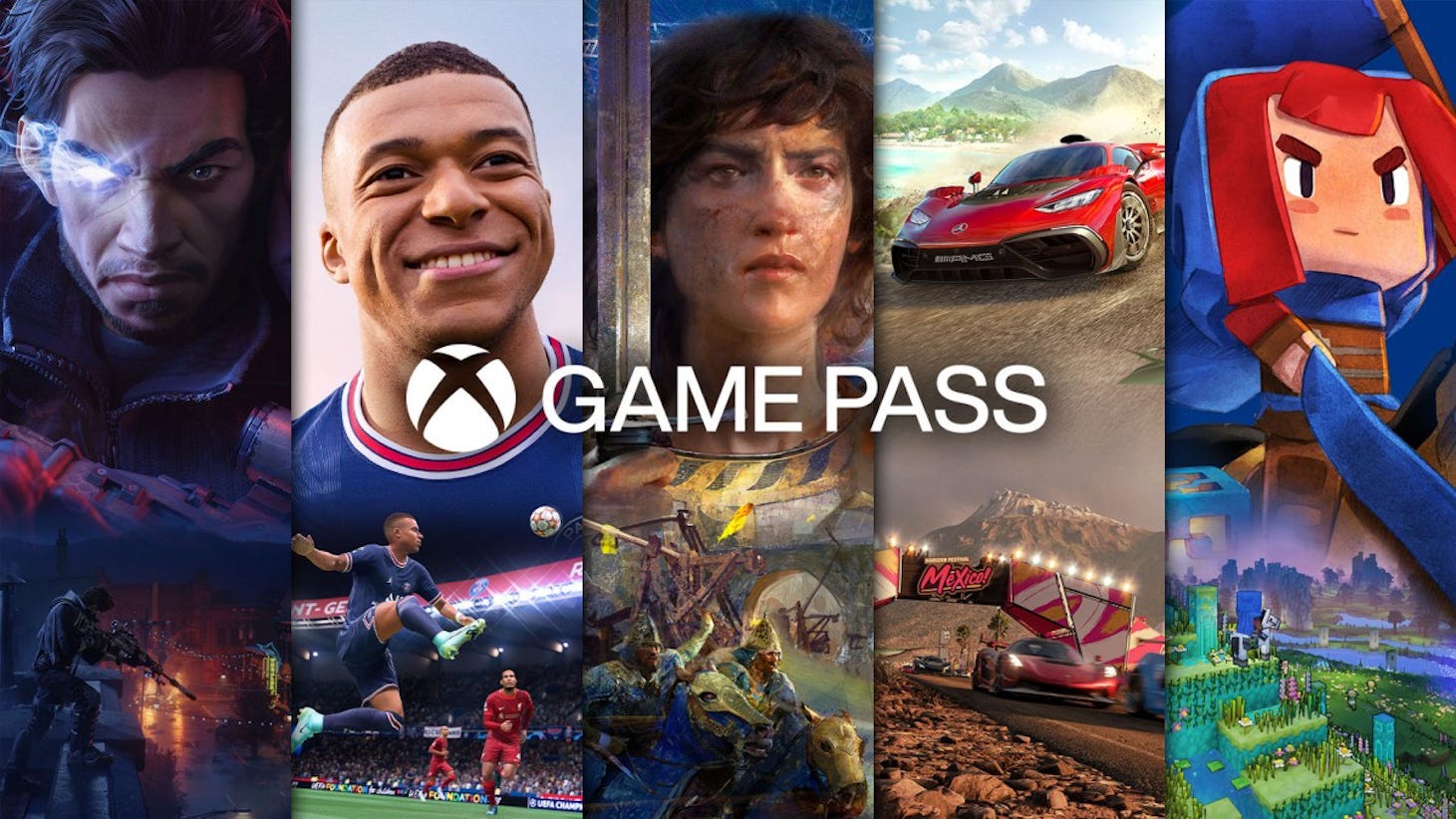 Four-way divided  representation  betwixt  Redfall's vampire, FIFA's Mbappe, Age Of Empires, a Forza Horizon Car, and blocky idiosyncratic   from Minecraft. The Game Pass logo is successful  the foreground.