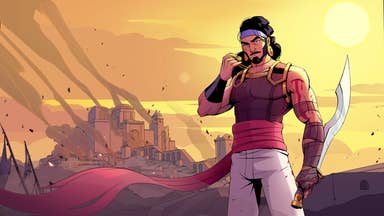 Artwork for The Rogue Prince of Persia showing lead character in front of sunset with flowing cape