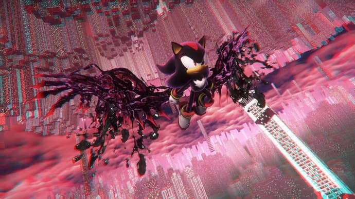 Shadow using one of his power ups in-game, using wings to fly through an abstract level.