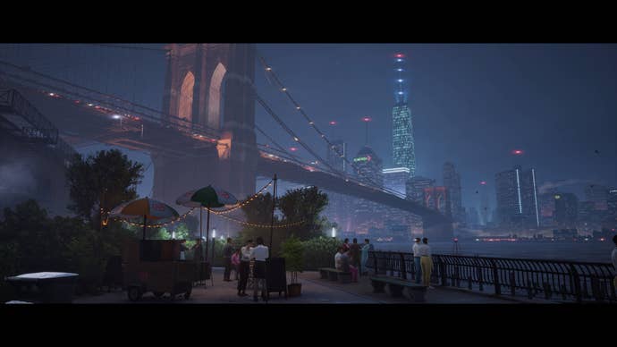 A night shot of New York City.