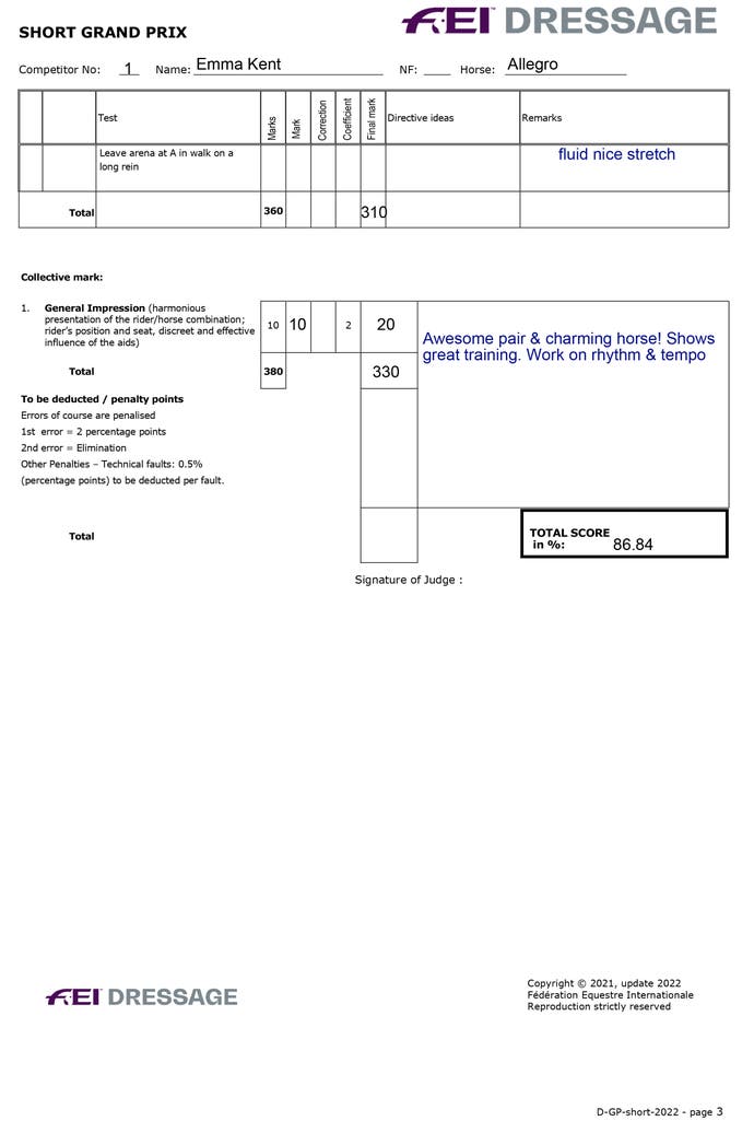 A score card filled with columns and writing, and some blue-pen marks, explaining Emma's dressage routine and scoring it.