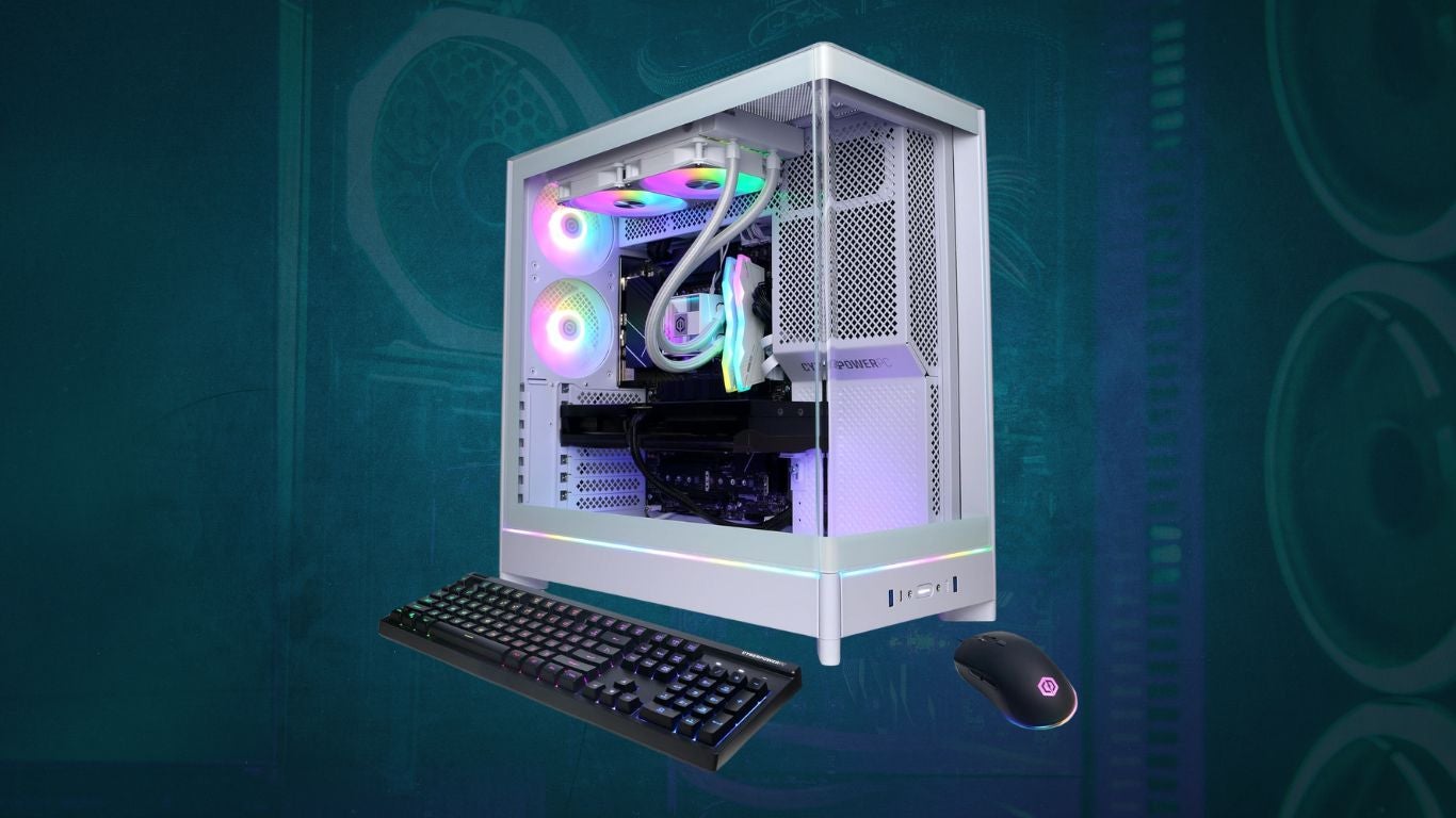 CyberPowerPC Gamer Xtreme VR Gaming PC, Intel Core i7-14700KF 3.4GHz on a dark blue zoomed in pc background