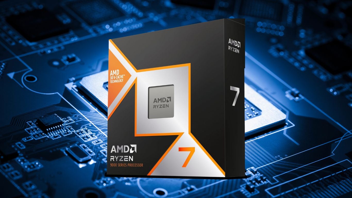 AMD Ryzen 7 9800X3D on a blue processor and motherboard background