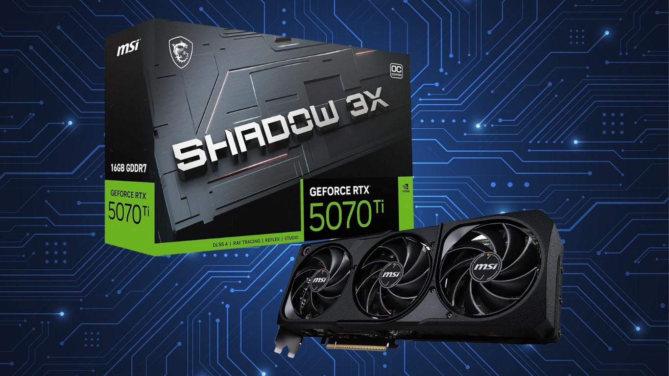 MSI GeForce RTX 5070 Ti 16G SHADOW 3X OC on a blue motherboard illustration background